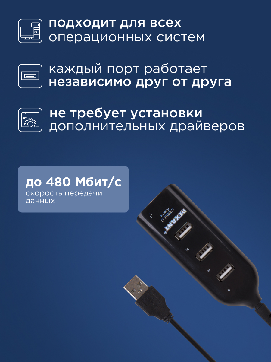 Разветвитель REXANT USB 2.0 на 4 порта - фото 2