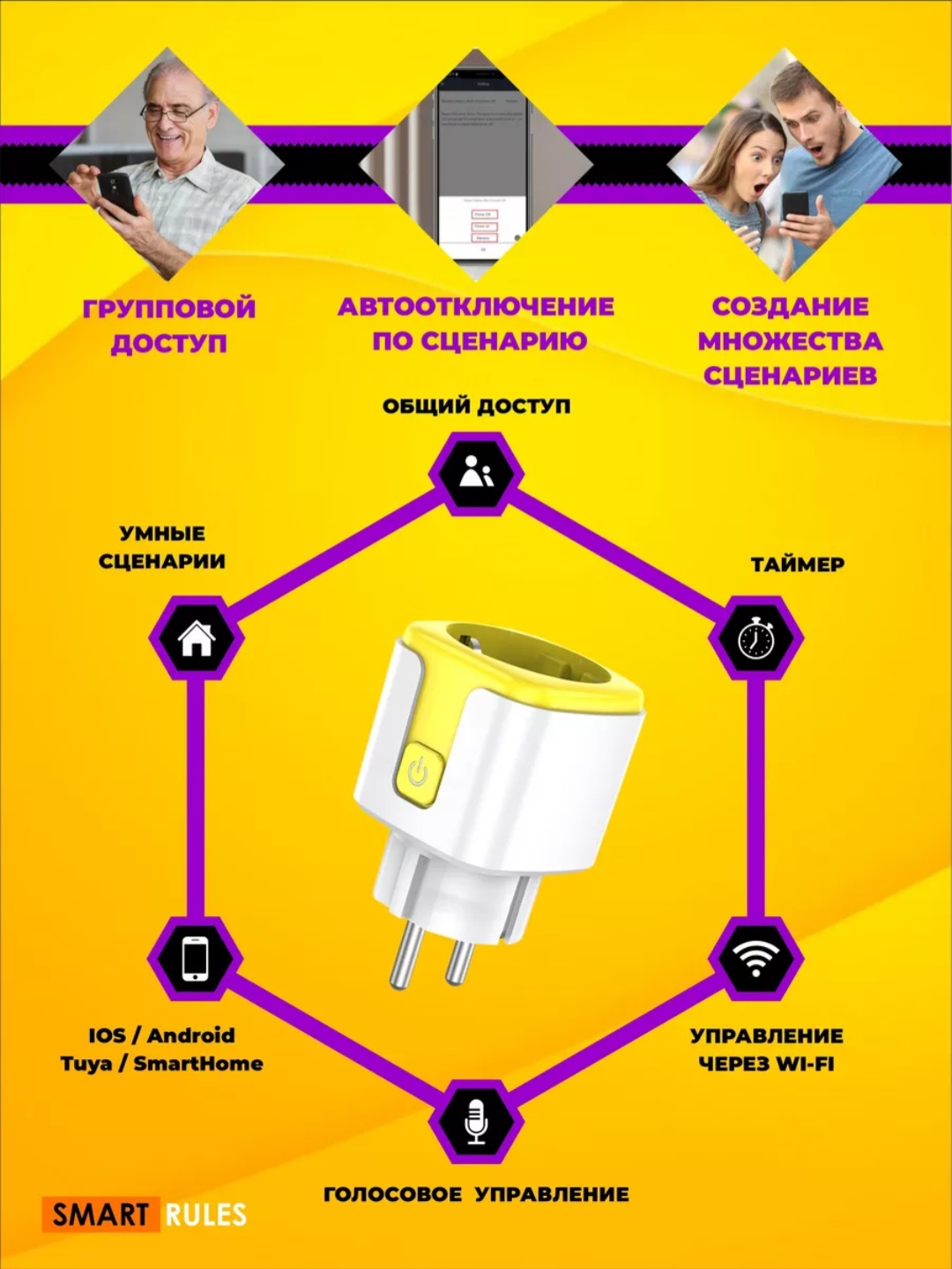 Умная розетка CatchNgo беспроводная WiFi 20А Желтый - фото 8