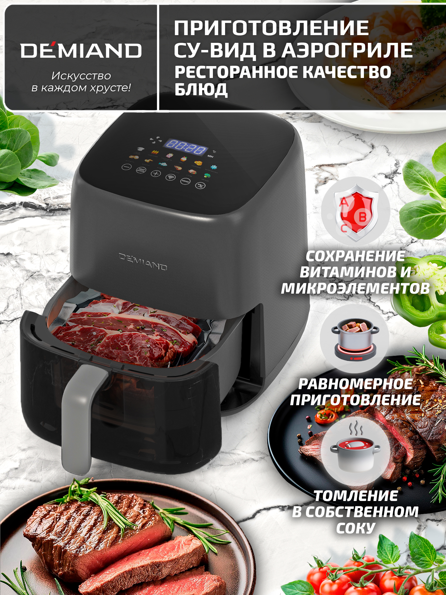 Аэрогриль DEMIAND tarvin с wi-fi керамическое покрытие чаши - фото 12