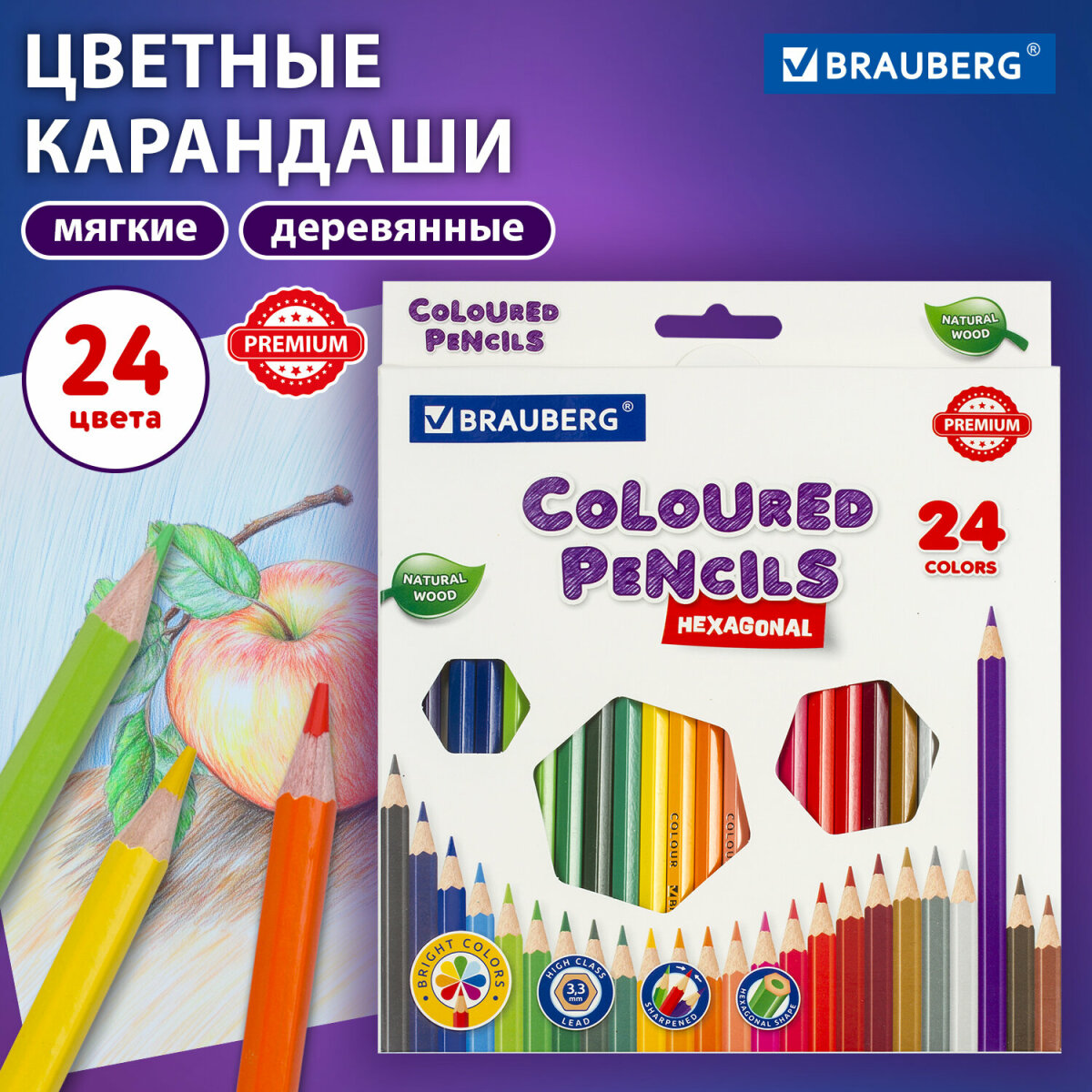 Карандаши цветные Brauberg 24 шт. - фото 1