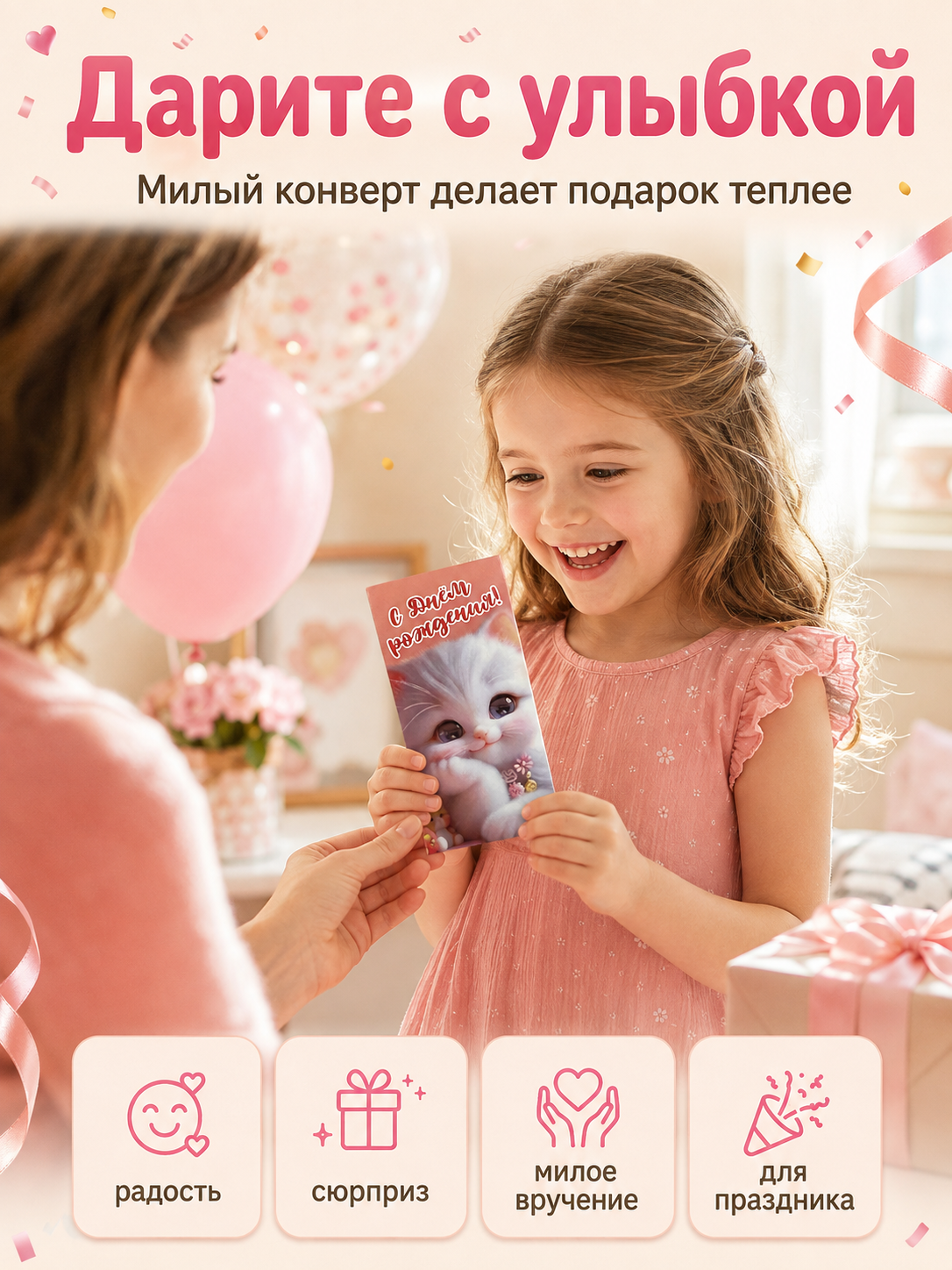 Конверты для денег детские Филькина Грамота С днём рождения с котёнком 10шт. - фото 3