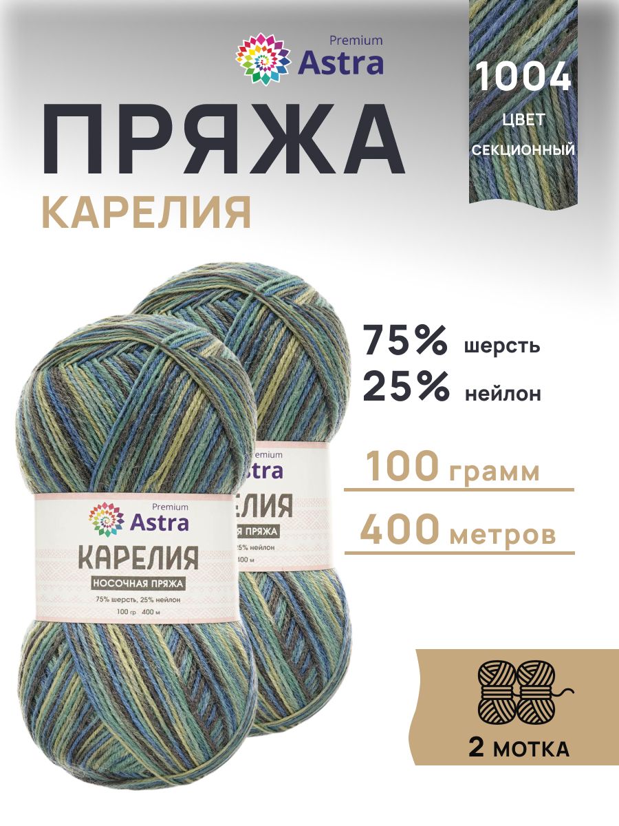 Пряжа для вязания Astra Premium карелия носочная шерсть нейлон 100 гр 400 м цвет 1004 2 мотка - фото 1