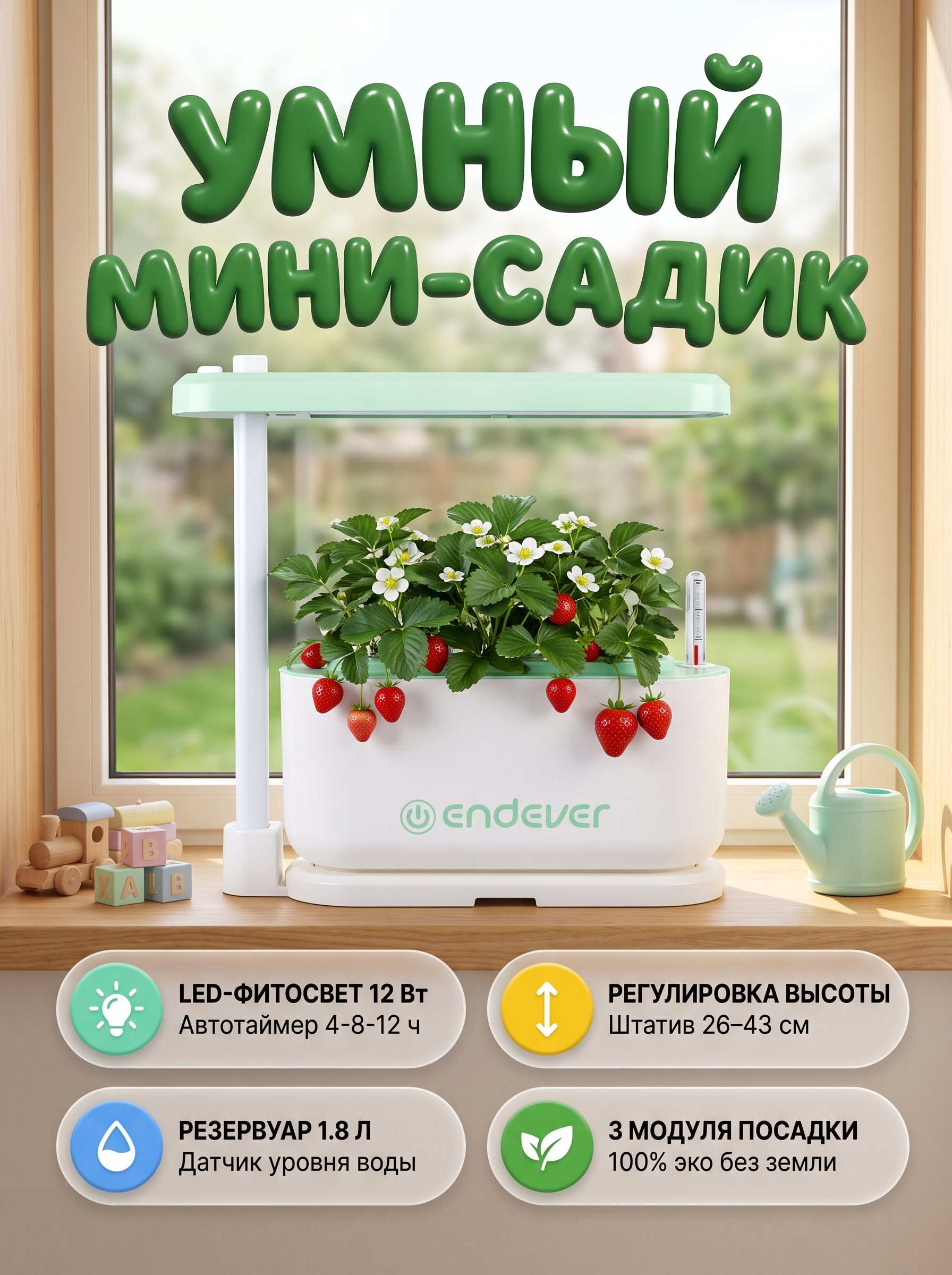 Гидропонная установка ENDEVER Garden-1 12 Вт 1.8 л 3 модуля LED белый/зелёный - фото 1