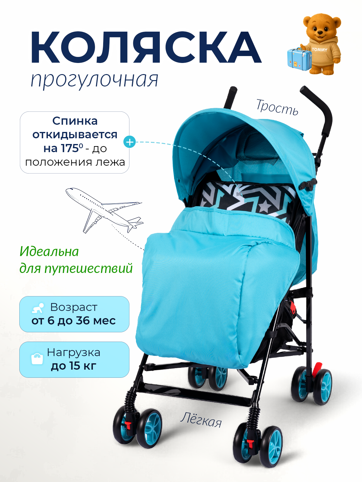Коляска прогулочная TOMMY Love бирюзовый - фото 2