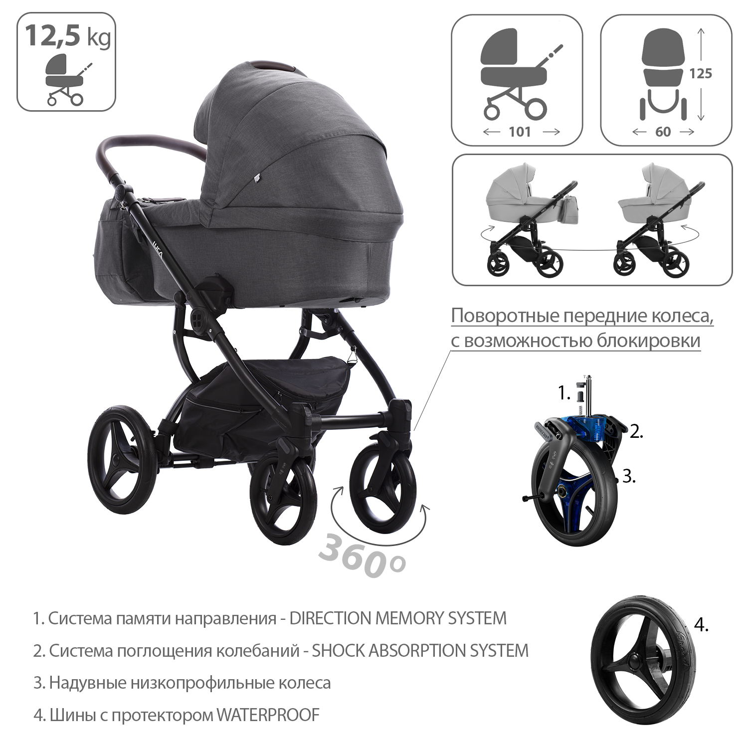 Коляска 2в1 Bebetto Luca серый - фото 4