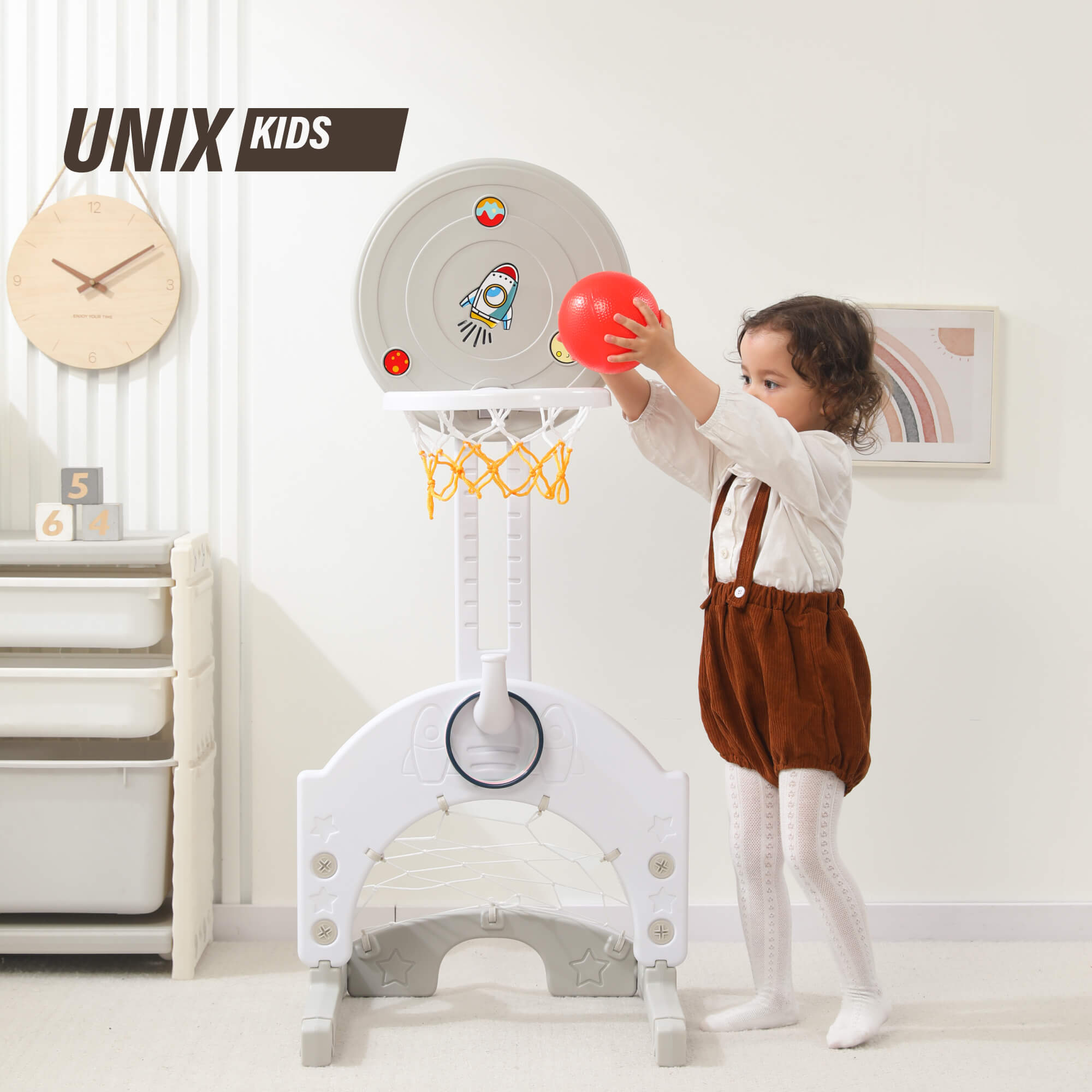 Баскетбольная стойка детская UNIX Kids Space grey 3 в 1 с хоккейными и футбольными воротами для дома и улицы - фото 1