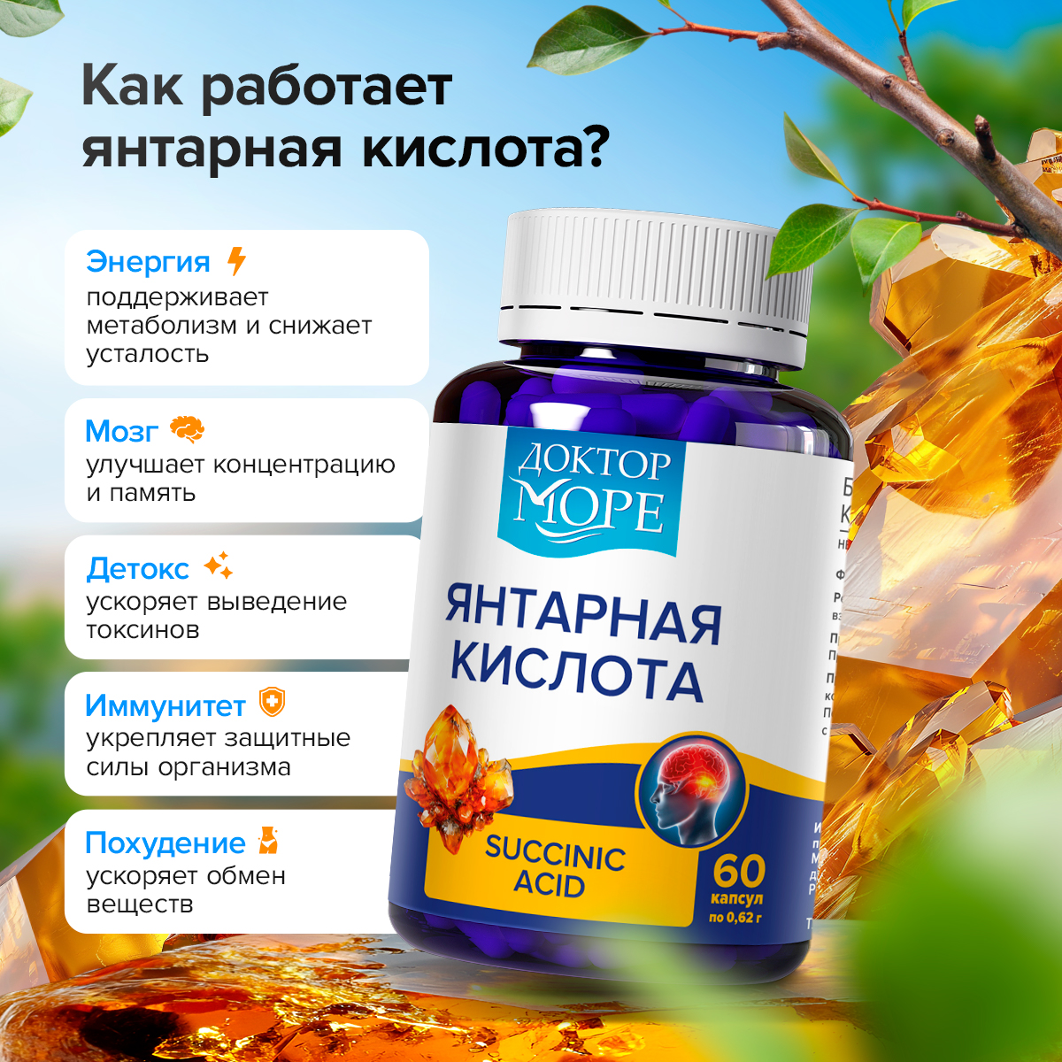 Янтарная кислота 500 мг Доктор Море 60 капсул - фото 3