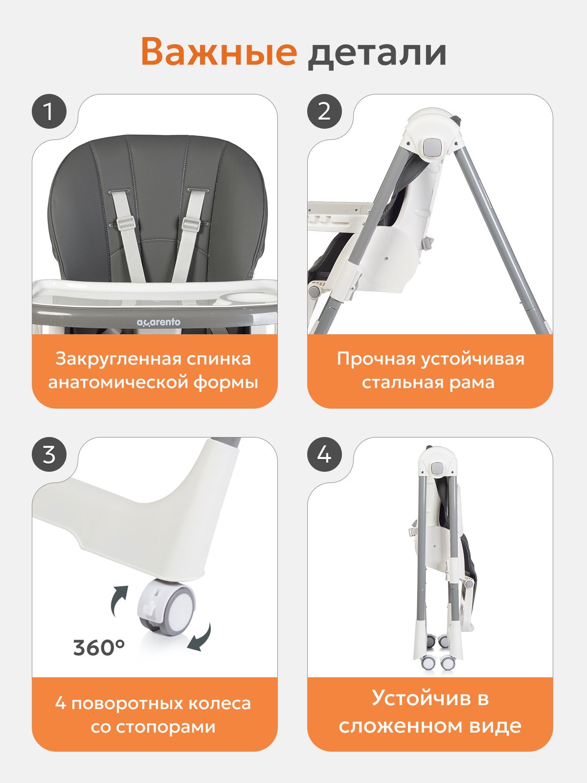 Стульчик для кормления Acarento Pannacotta серый - фото 6