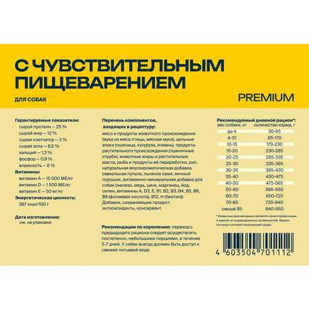 Корм сухой Profifeed для собак с чувствительным пищеварением 17кг