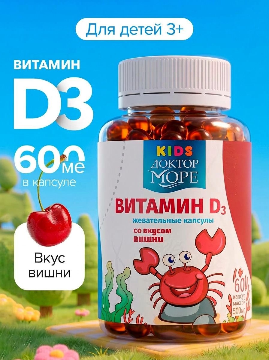 Детский витамин Д3 600 МЕ Доктор Море жевательные капсулы со вкусом вишни 60 капсул - фото 1