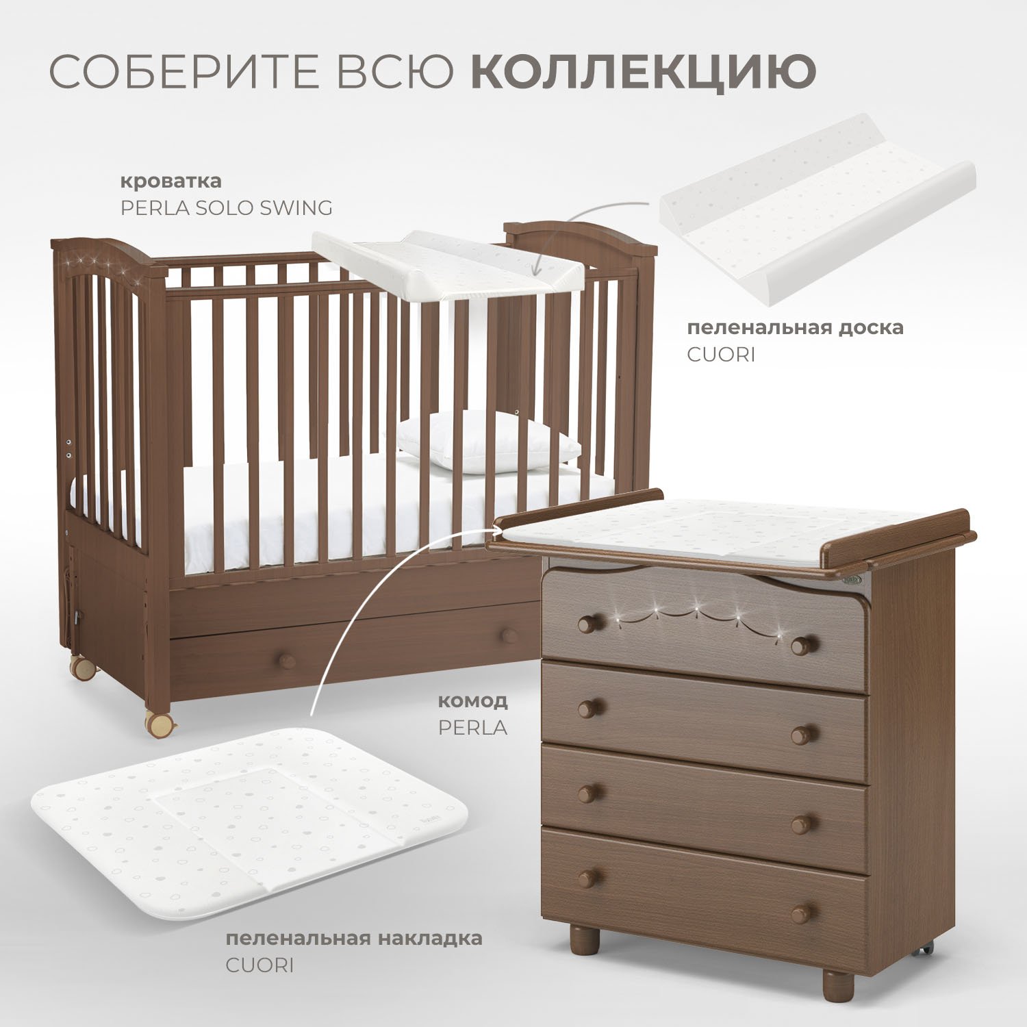 Детская кроватка Nuovita Perla solo swing, продольный маятник (темный орех) - фото 10