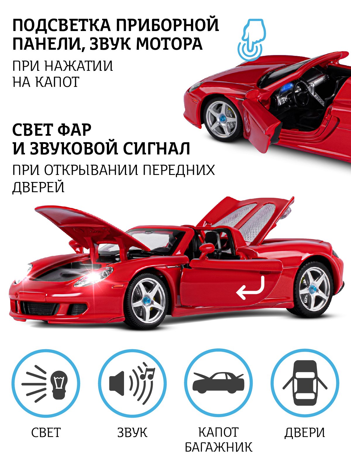 Автомобиль АВТОпанорама Porsche Carrera GT 1:24 красный JB1200220 - фото 2