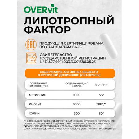 Липотропный фактор OVER БАД Жиросжигатель витамины для похудения и контроля веса 120 капсул