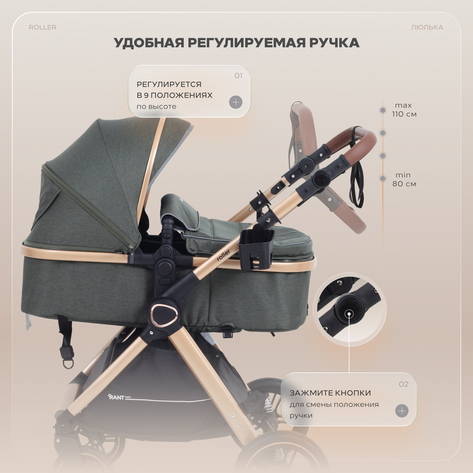 Коляска трансформер Rant Basic Roller Gold 2в1, olive зеленый - фото 8