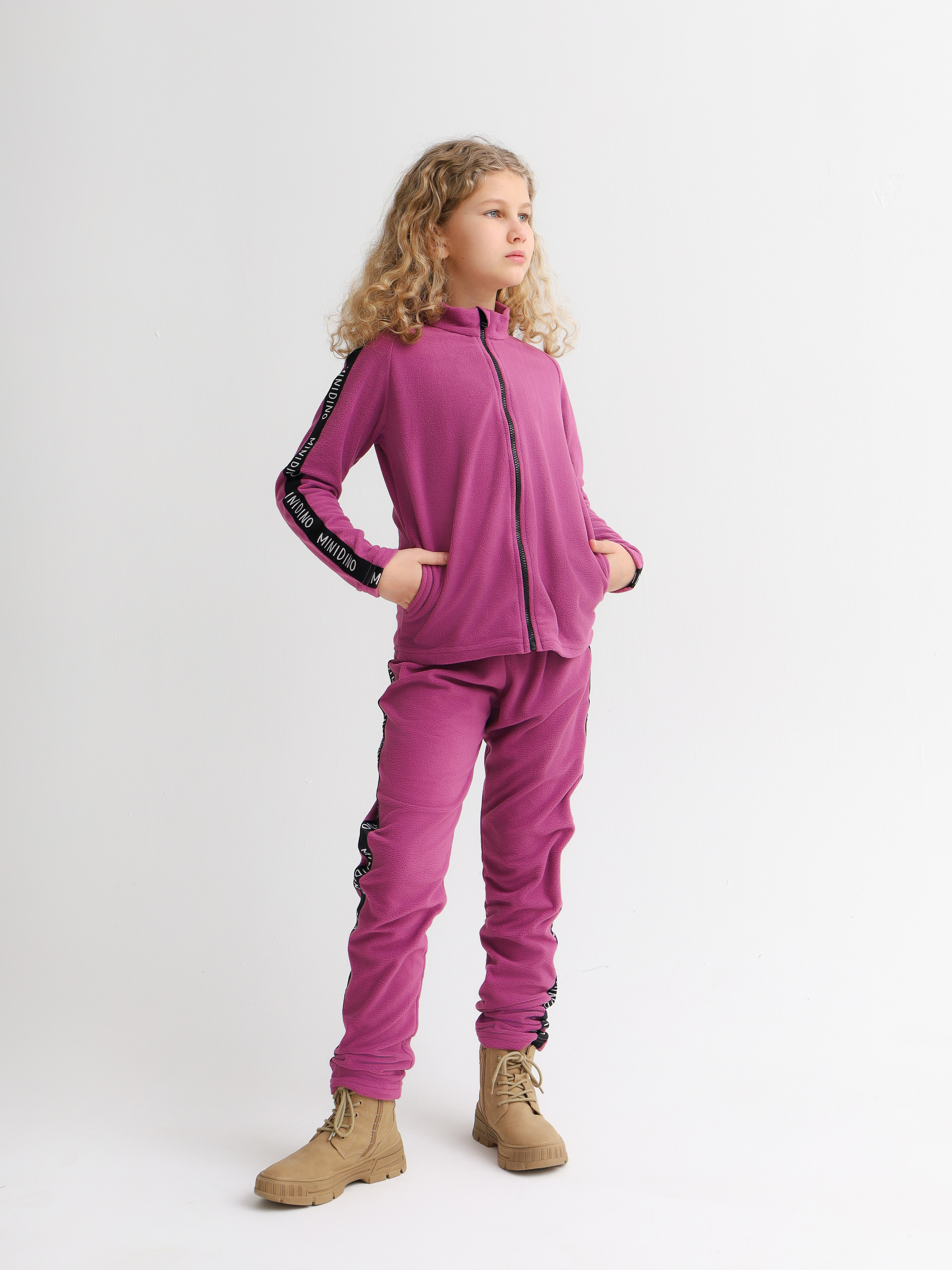 Толстовка и брюки MINIDINO Т-КМПЛ-002/ДКомплект флисовый детский Лампасы ежевика - фото 5