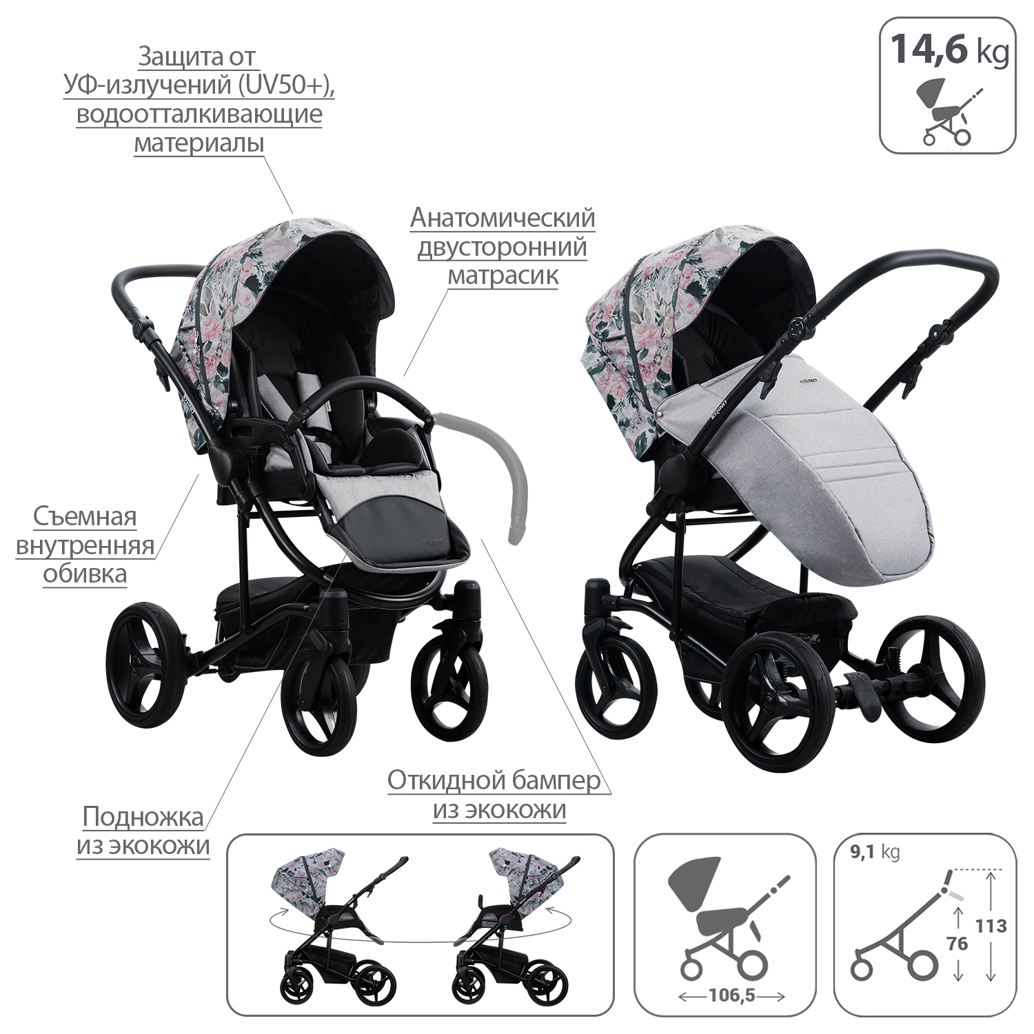Коляска 2 в 1 Bebetto Torino Tex - фото 8