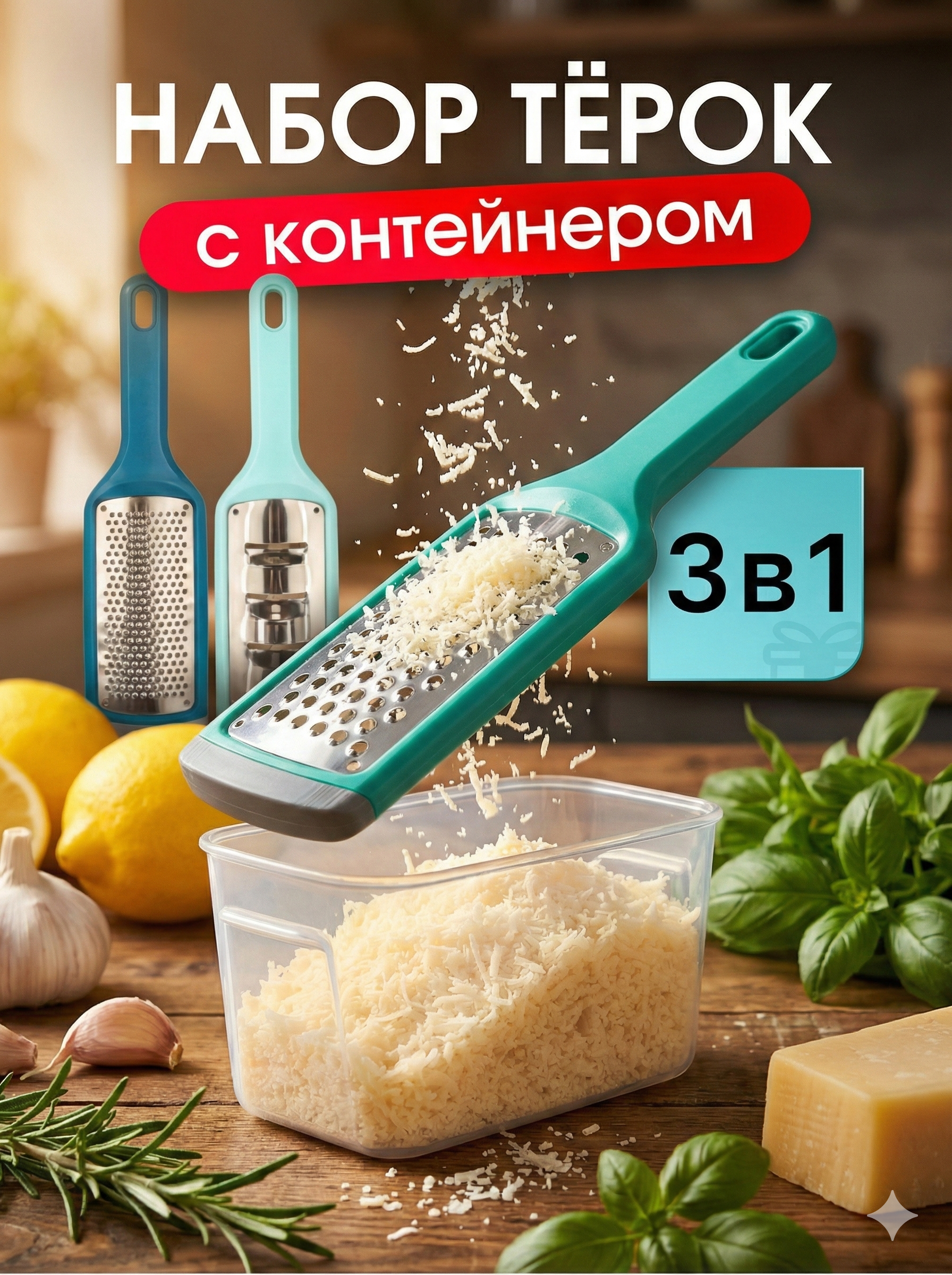 Набор терок 3 в 1 Miloly с контейнером - фото 1