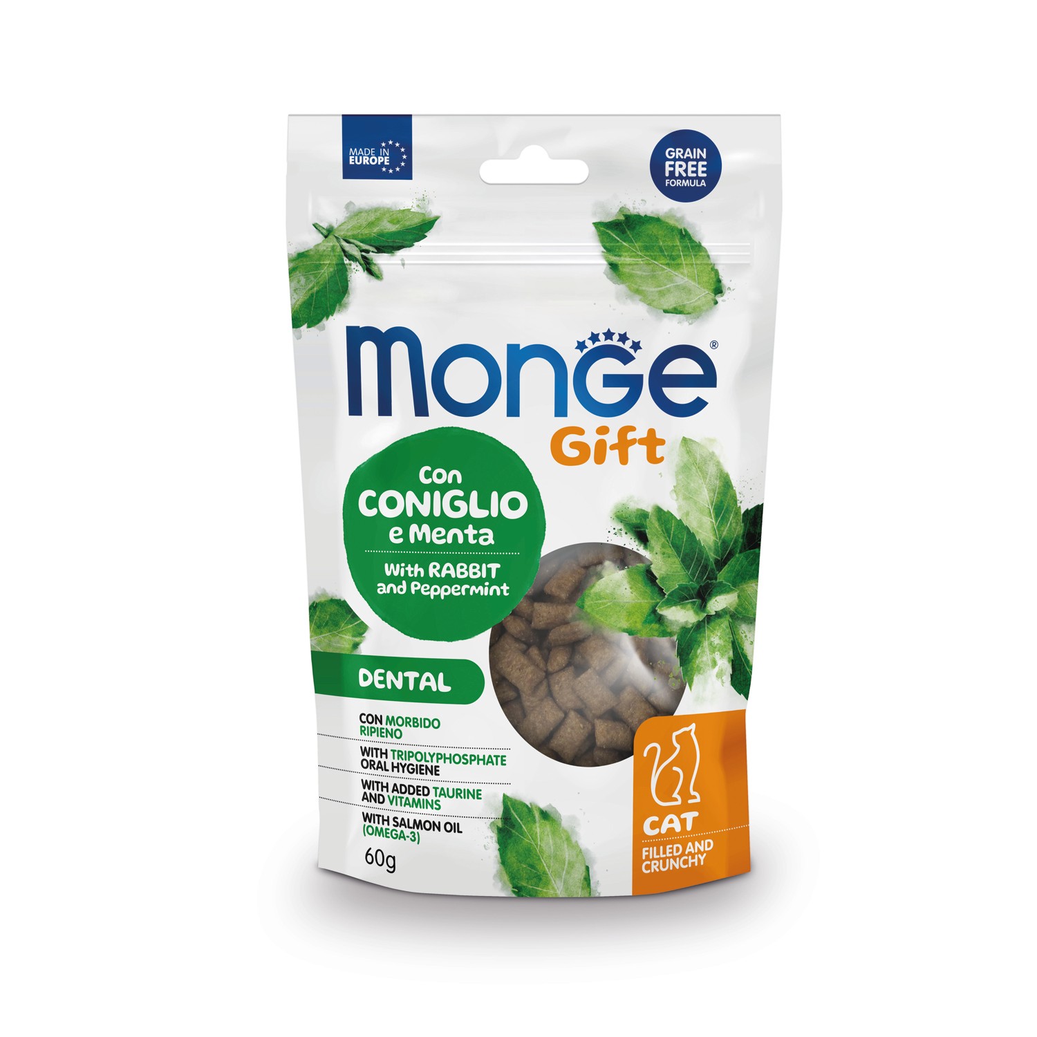 Лакомство для кошек Monge 60г Gift Dental Хрустящие подушечки с начинкой с кроликом и перечной мятой для чистки зубов - фото 1