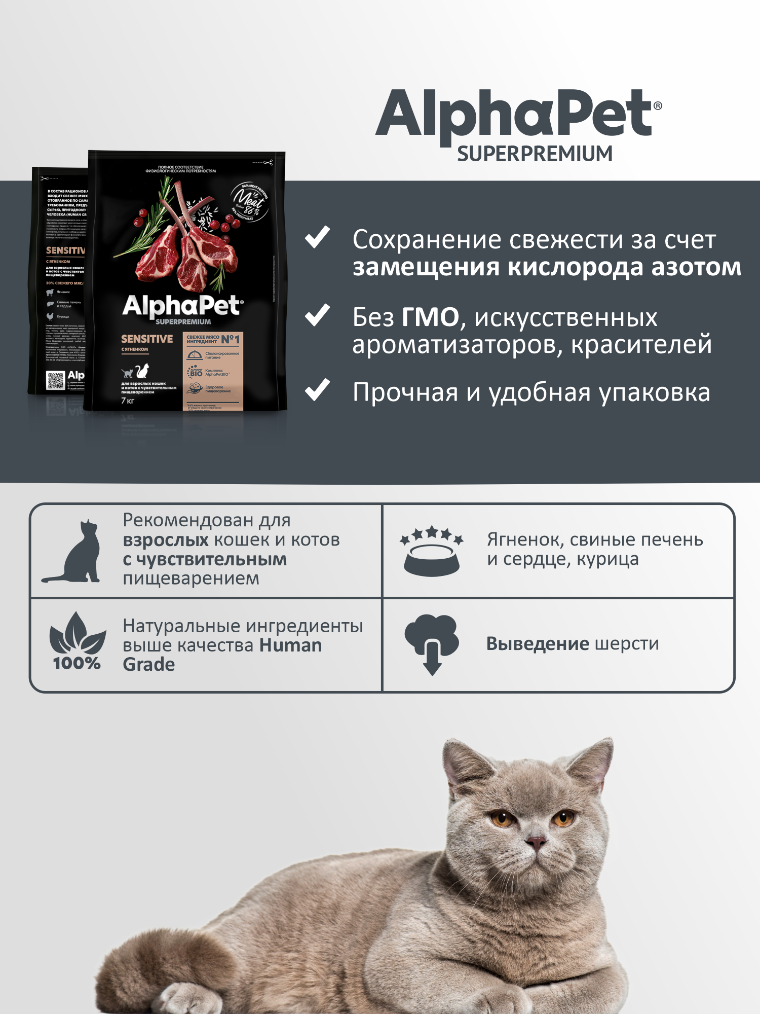 Сухой полнорационный корм AlphaPet с ягненком для взрослых кошек и котов с чувствительным пищеварением 7 кг - фото 3