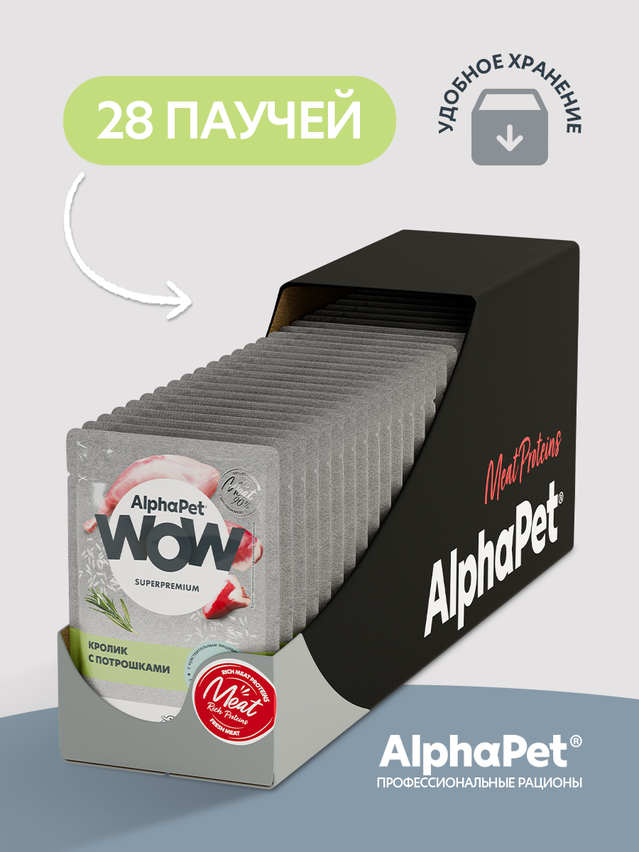 Пауч 28 шт Влажный полнорационный корм AlphaPet для кошек с чувствительным пищеварением кролик с потрошками нежные ломтики 85 - фото 5