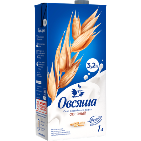 Овсяный напиток Овсяша 3.2% без сахара 1 л х 6 шт