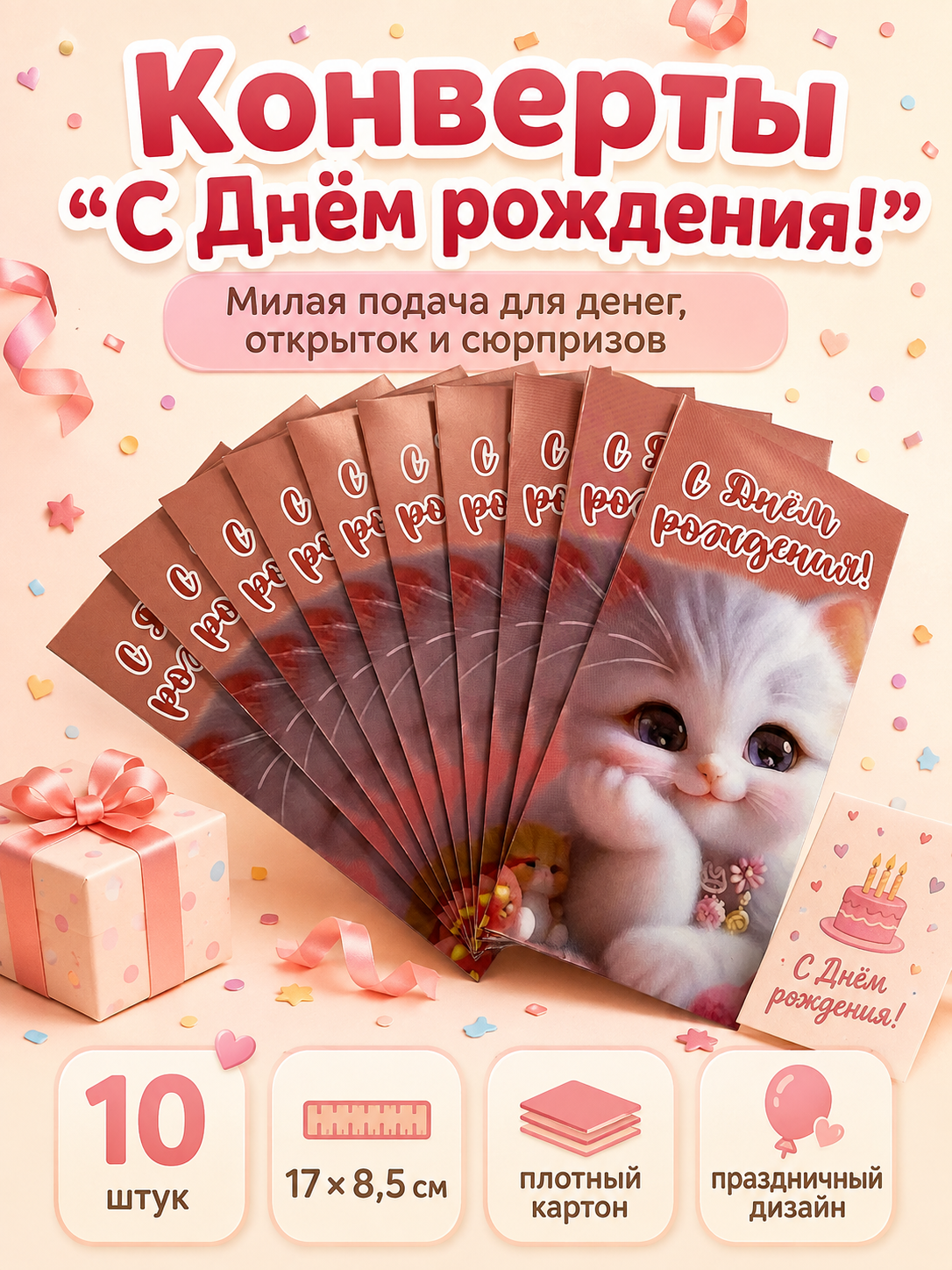 Конверты для денег детские Филькина Грамота С днём рождения с котёнком 10шт. - фото 9