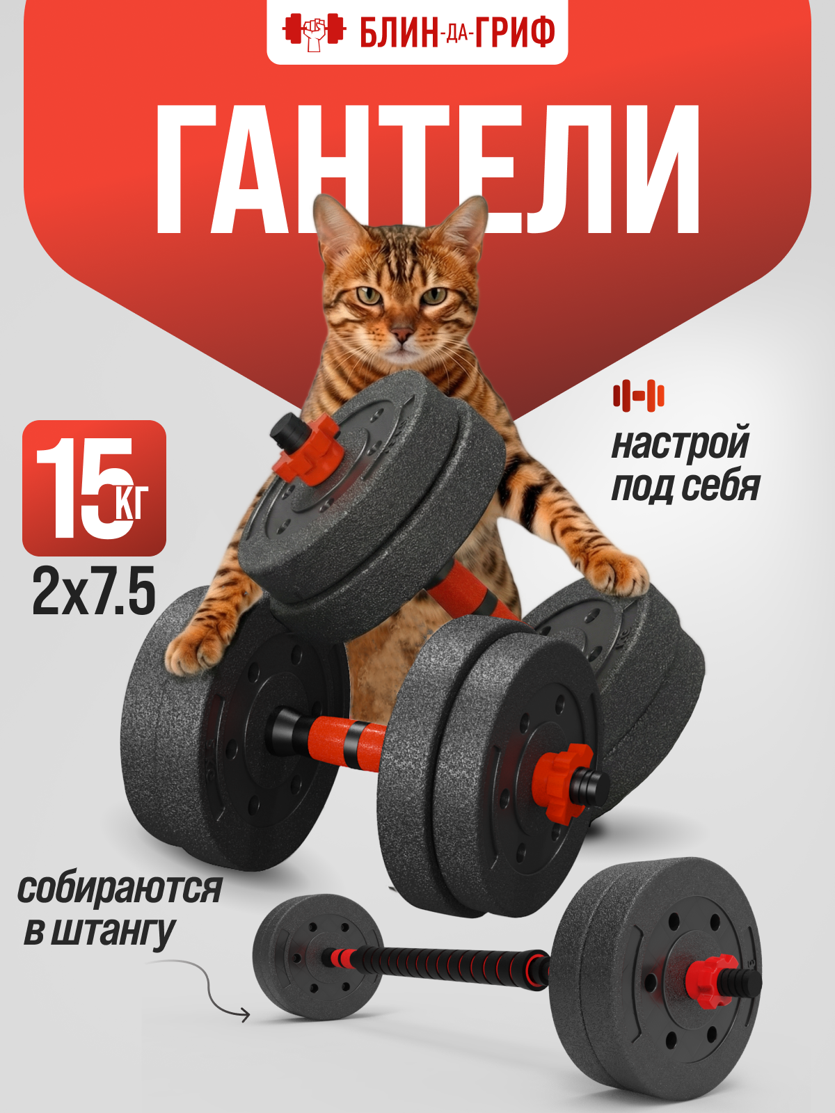 Изображение товара Набор блинов с грифом Гантель 7 кг 2 шт для фитнеса для дома и зала