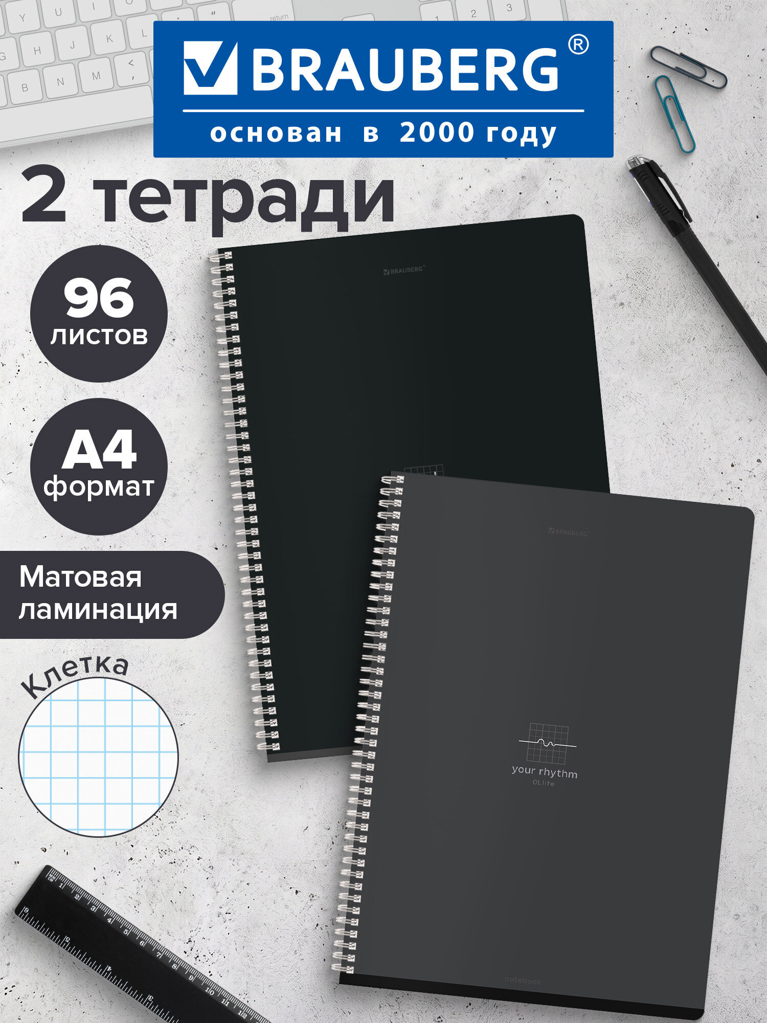 Тетрадь Brauberg клетка 96 лист. 2 шт. - фото 1