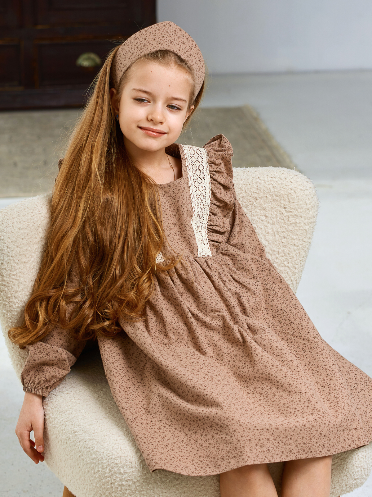 Платье MOUN платье_фланель/кружево_листик/коричневый - фото 1