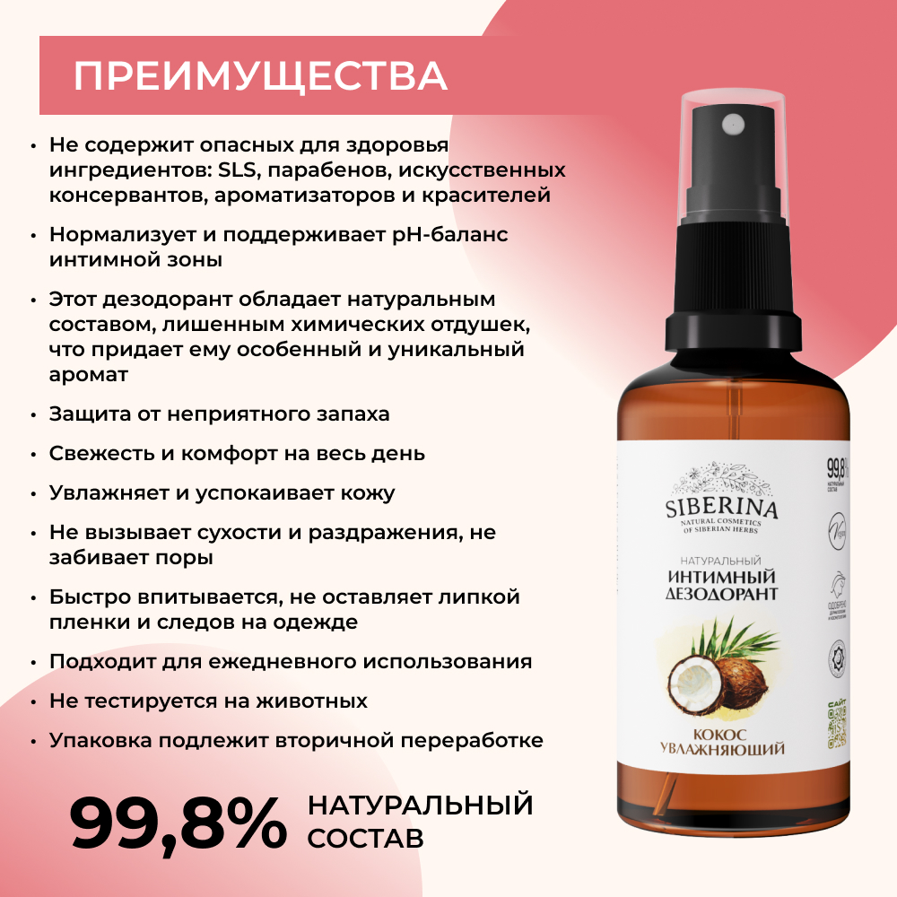 Интимный дезодорант Siberina натуральный «Кокос» увлажняющий и успокаивающий 50мл - фото 3