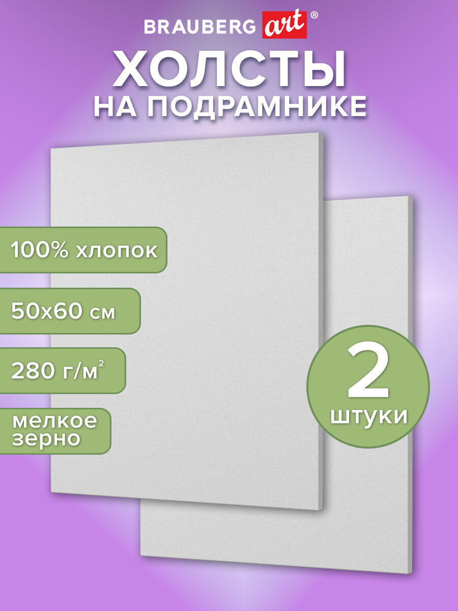 Холст для рисования Brauberg на подрамнике 50х60 см грунтованный 100% хлопок набор 2 штуки - фото 1