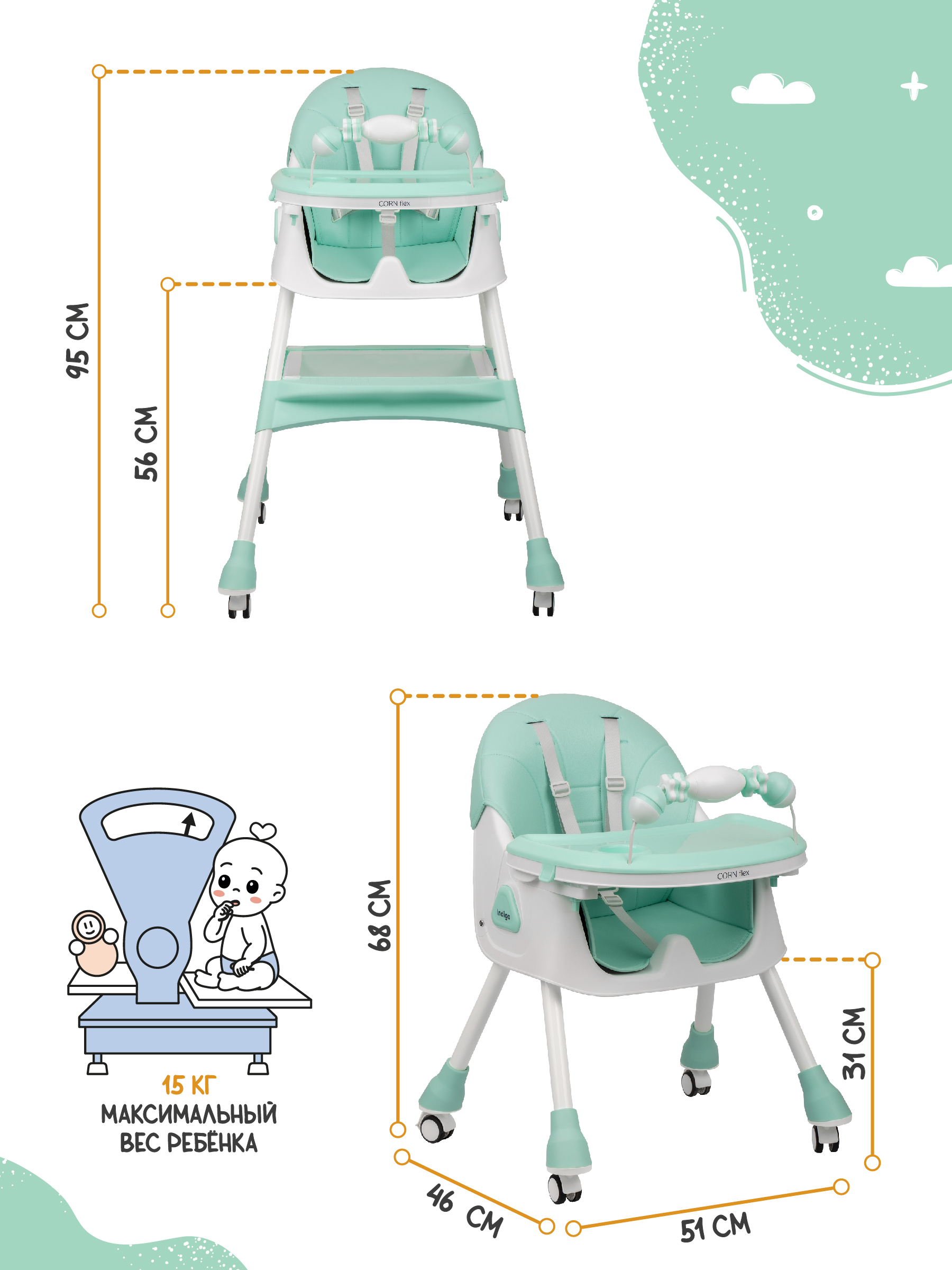 Стульчик для кормления Indigo Corn Flex мятный - фото 4