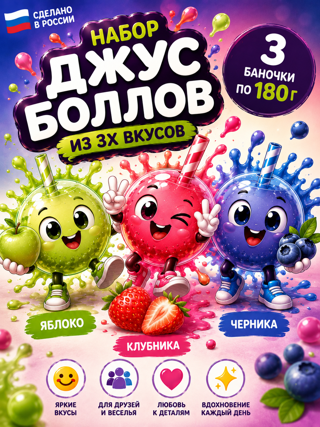 Набор Джус боллы шарики фруктовые BUBBLE BOSS со вкусом Яблока Клубники Черники - фото 2