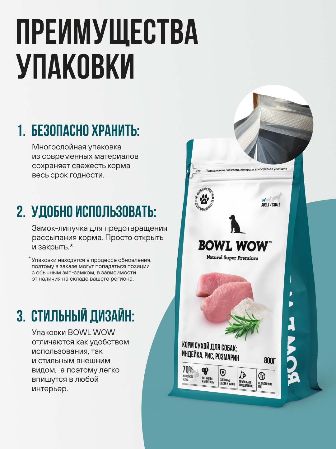 Корм сухой полнорационный BOWL WOW для взрослых собак мелких пород с индейкой, рисом и розмарином 800г - фото 7