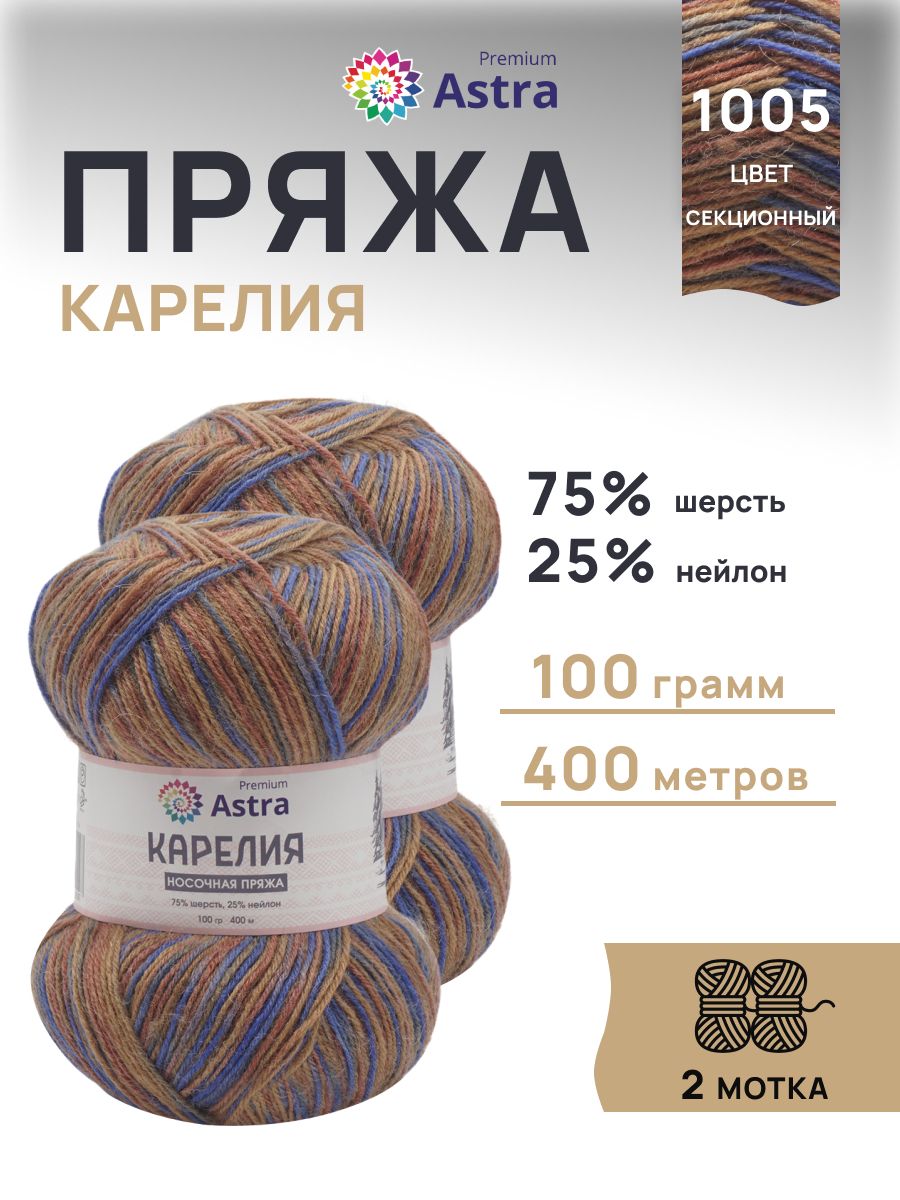 Пряжа для вязания Astra Premium карелия носочная шерсть нейлон 100 гр 400 м цвет 1005 2 мотка - фото 1