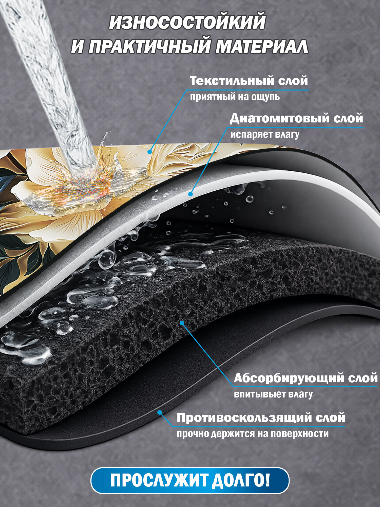 Коврик для сушки посуды BoomHouse нано впитывающий кухонный 40х50 см диатомитовый нескользящий - фото 3