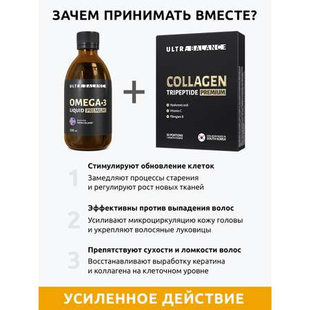 Комплекс для роста волос UltraBalance Омега 3 жидкая и коллаген 30 саше