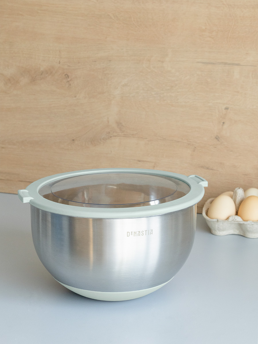 Миска DeNASTIA с прозрачной крышкой 3 л нерж.сталь ментол A000341 - фото 1