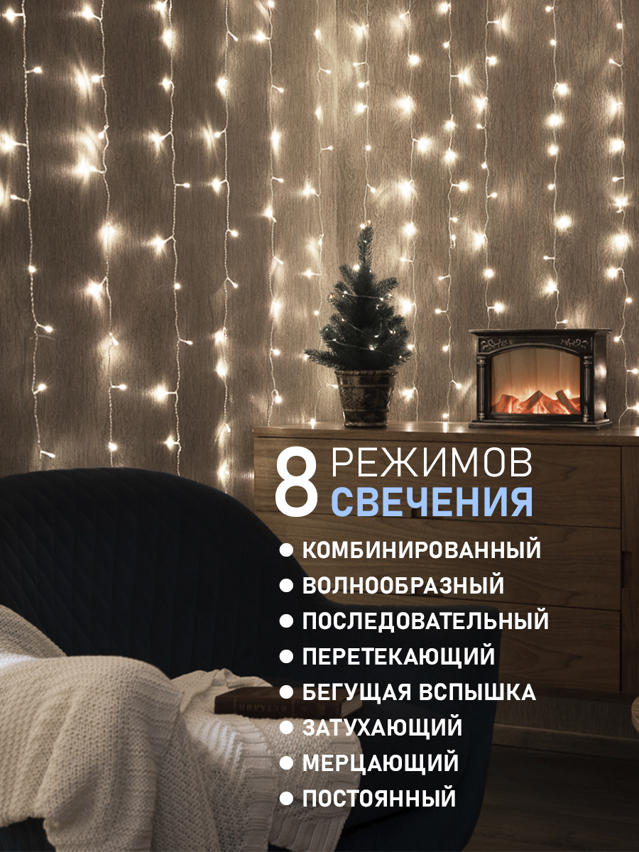 Светодиодная гирлянда NEON-NIGHT Дождь-занавес 1.5х1 м 8 режимов белое свечение 235-025 - фото 3