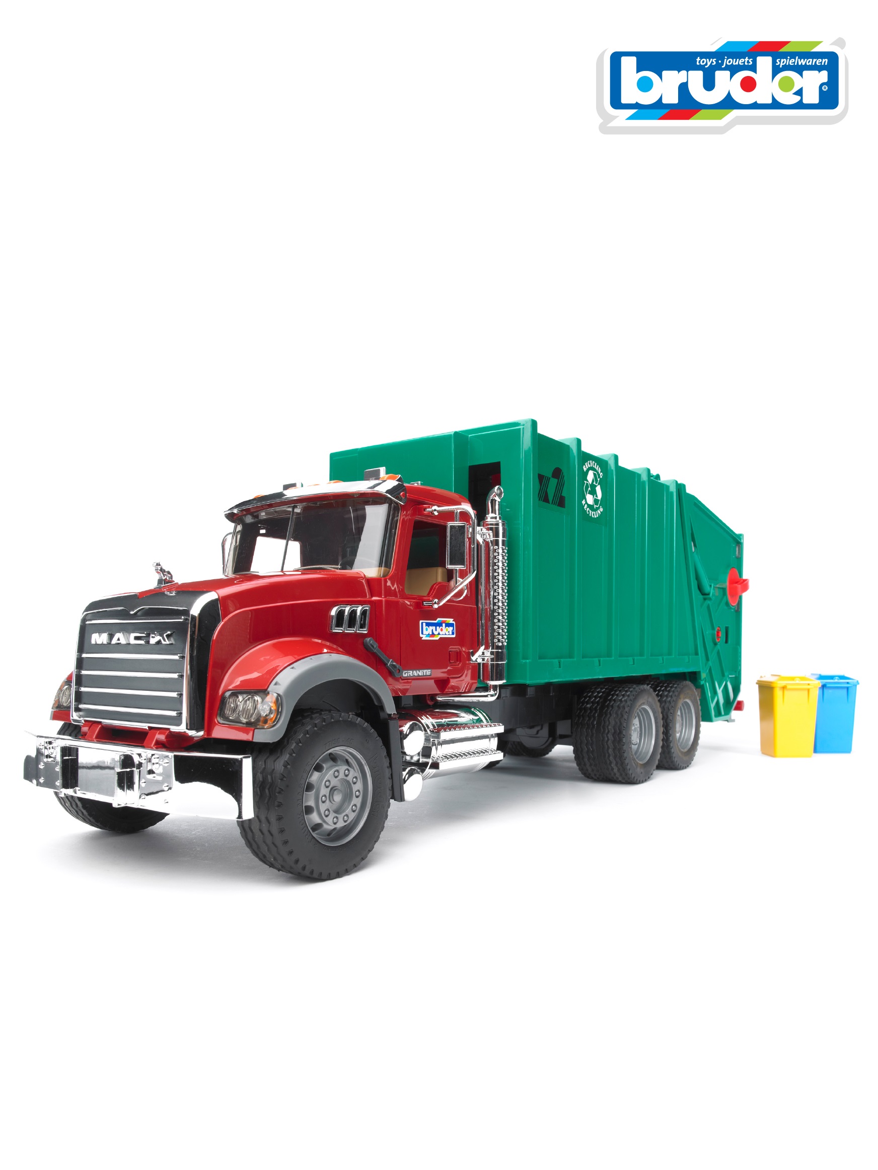 Мусоровоз Bruder MACK зелёный фургон, красная кабина 02-812 - фото 1