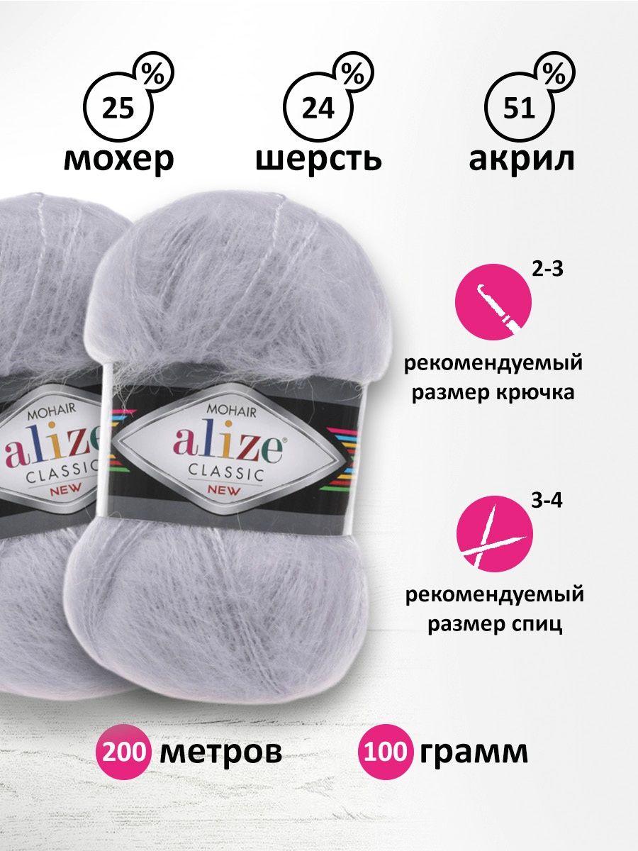 Пряжа Alize полушерстяная Mohair classic new 100 гр 200 м 5 мотков 52 светло-серый - фото 3