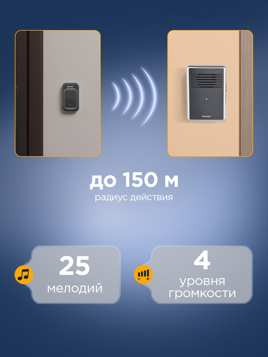 Беспроводной дверной звонок REXANT RX-30 c цифровым кодированием 25 мелодий 150м кнопка IP44 - фото 2