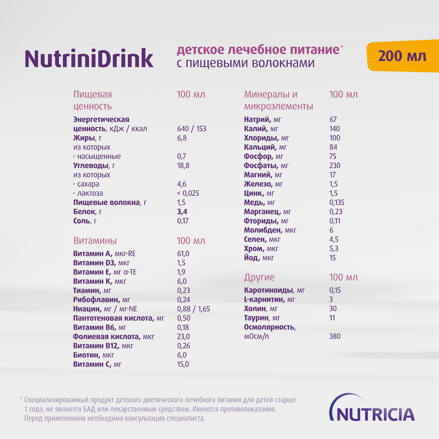 Питание Нутриция NutriniDrink с пищевыми волокнами для детей с 12 месяцев при повышенных потребностях в белке и энергии 200 мл - фото 13