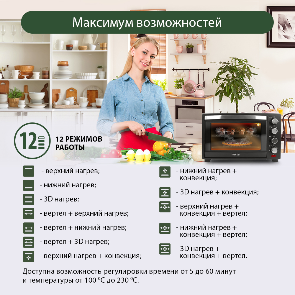 Мини-печь MARTA MT-4281 духовой шкаф 50 литров черный жемчуг - фото 9