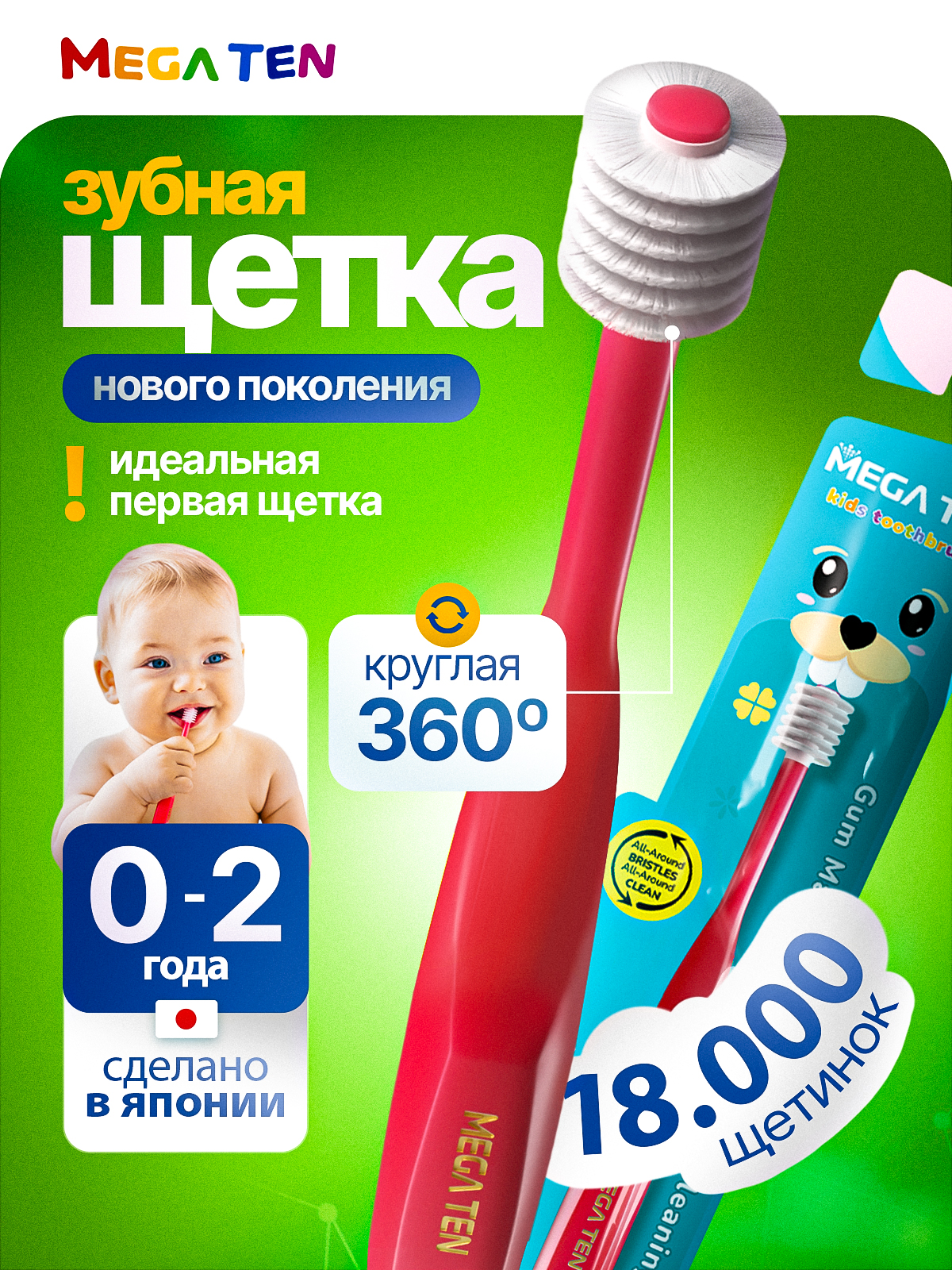 Зубная щетка классическая MegaTen от 0 лет 1 шт. - фото 1