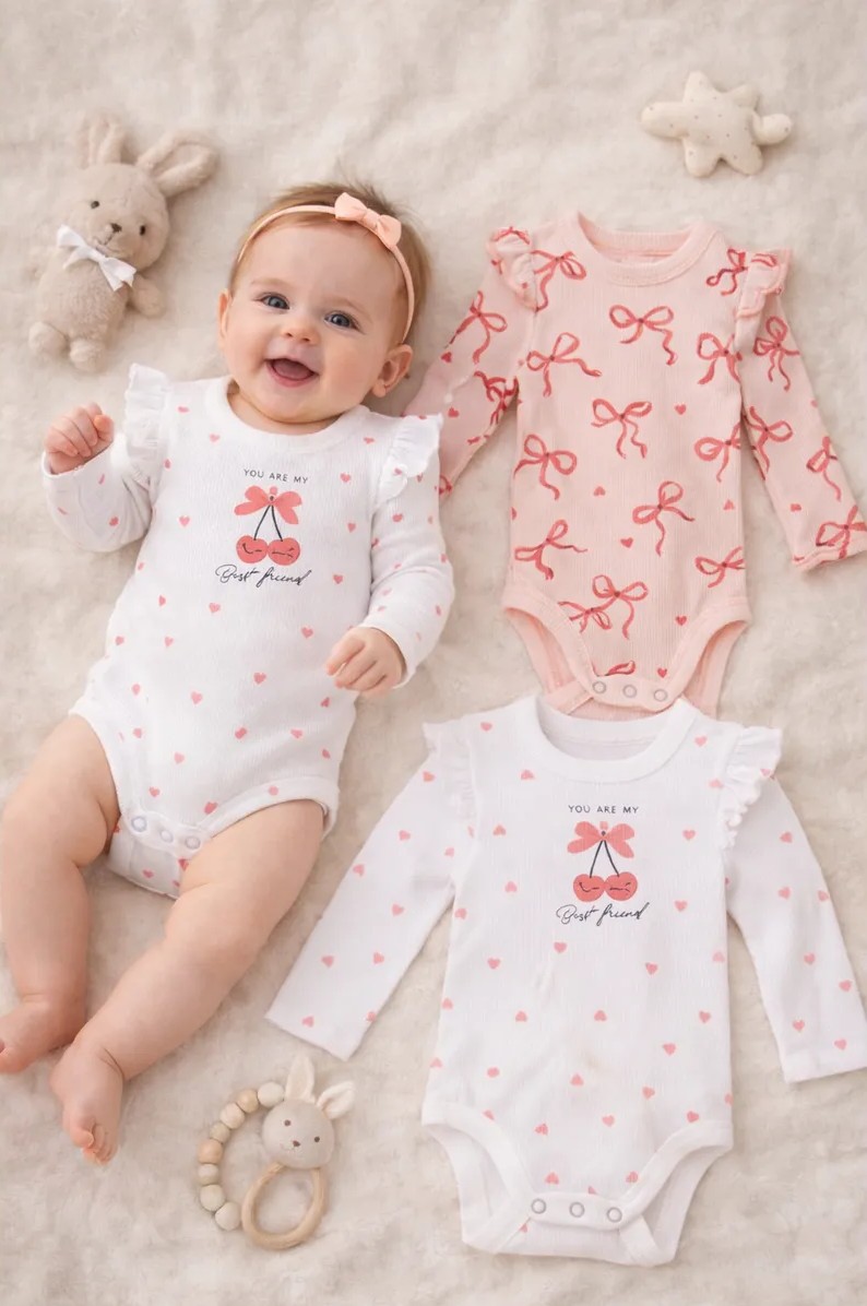 Боди 2 шт Mark Formelle (Марк Формэль) 13017-2/сердечки на белоснежном +бантики на персике - фото 1