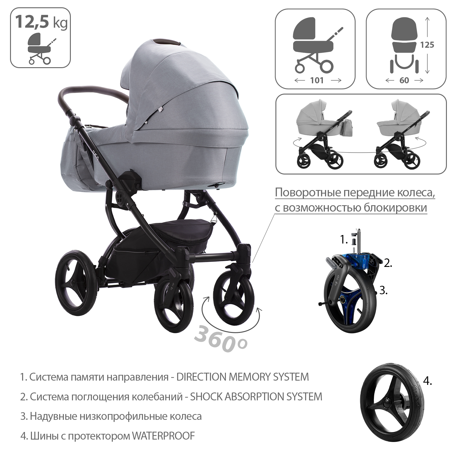 Коляска 2в1 Bebetto Luca серый - фото 4