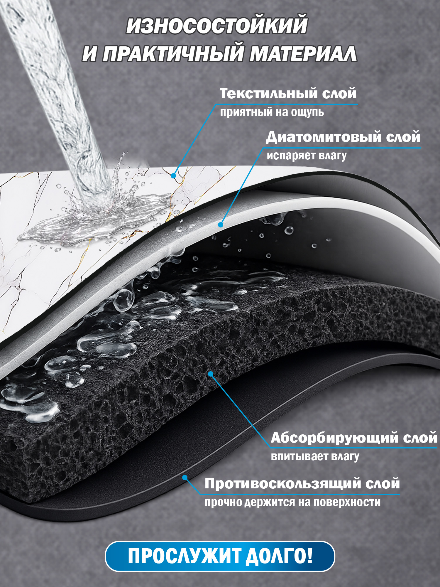 Коврик для сушки посуды BoomHouse нано впитывающий кухонный 40х50 см диатомитовый нескользящий - фото 3