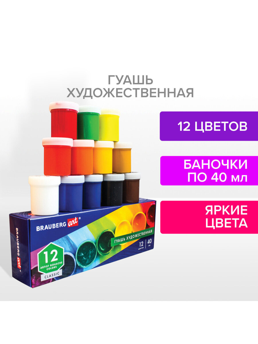 Краски гуашь Brauberg 12 цв. - фото 3