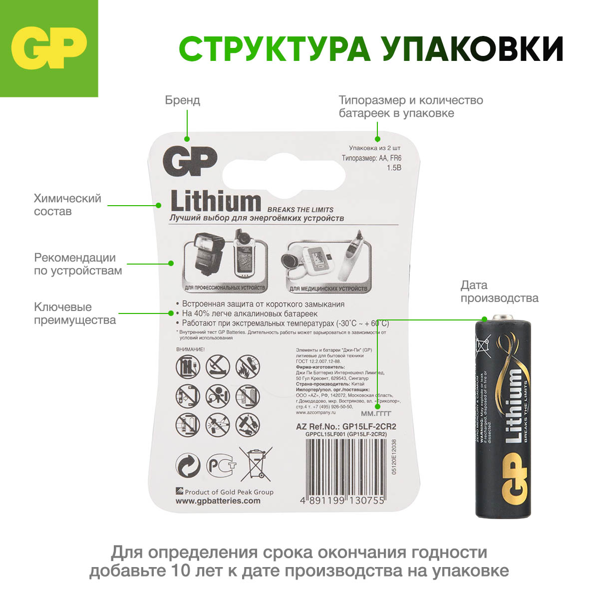 Набор литиевых батареек GP типоразмера AA(LR6) 15LF 2шт в упаковке - фото 6